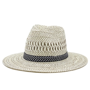 Classic beige straw fedora hat for men with stylish black and white striped ribbon band