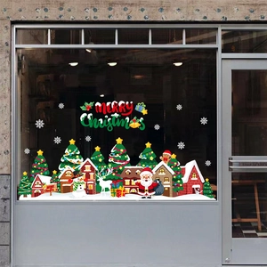 Christmas static window decals featuring Santa, reindeer, and snowy cabins for holiday decor