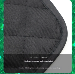 Macro view of black quilted polyester oven glove with detailed stitching and textured fabric