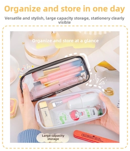Close-up of a large capacity transparent PVC pencil case with a black zipper edge
