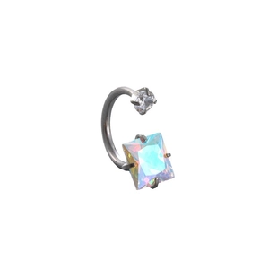 Titanium steel horseshoe ring with sparkling square iridescent zircon stone on white background