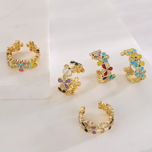 Irregular gold-plated flower rings with colorful enamel and zircon for women