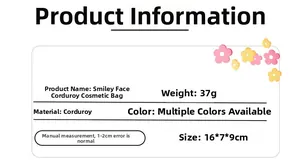 Detailed size and material specification chart for the corduroy smiley makeup bag