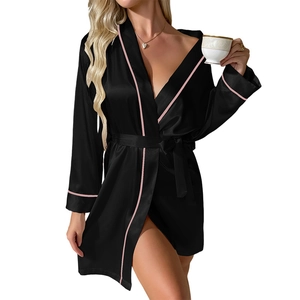 Women's black ice silk bathrobe with pink trim and waist tie for a sleek summer look