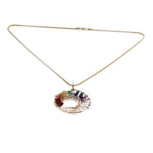 Golden hip hop twisted chain necklace featuring a round tree of life pendant with colorful stones