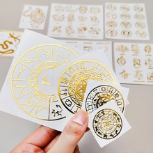 Detail view of gold foiled zodiac constellation stickers for DIY phone stand resin molds