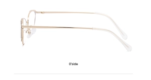 Side view detail of lightweight gold cat-eye metal glasses frame with slim temples