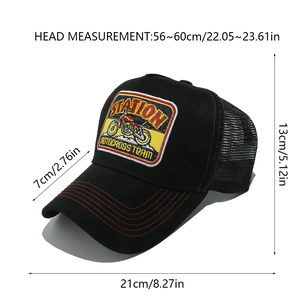 Size guide for black motocross mesh cap featuring red STATION embroidery and dimensions