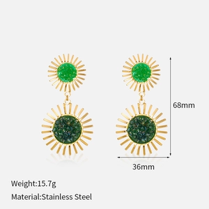 Detailed view of gold stainless steel sunflower earrings with zircon and size dimensions