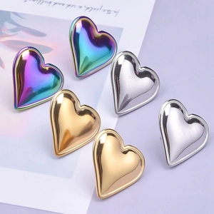 Polished heart-shaped 304 stainless steel earrings in gold, silver, and iridescent finishes