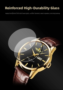 Detail of high hardness mineral glass lens on a gold quartz watch with leather strap