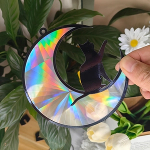 Holographic sun catcher with black cat on crescent moon silhouette for window decor