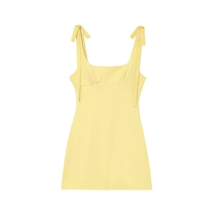 Gingham Mini Dress Sleeveless Bow Tie Shoulder Strap Slim Fit Seersucker Square Neck Summer For Women