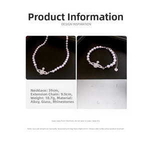 Detailed view of pink pearl Saturn charm necklace and bracelet set with dimensions