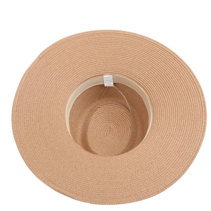 Detail of 57cm khaki paper straw hat showing weave texture and inner care label
