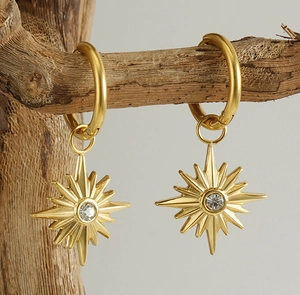 Detail of 18K gold-plated starburst earrings with sparkling round crystals on a wood branch