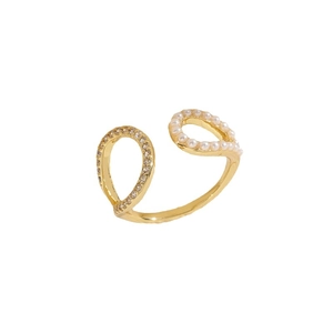 Elegant 14K gold plated adjustable ring with asymmetric pearl and zircon teardrop charms