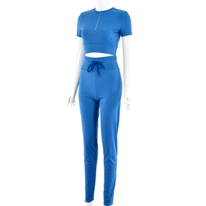 Detailed view of blue ribbed knit texture and zipper detail on two-piece set for women