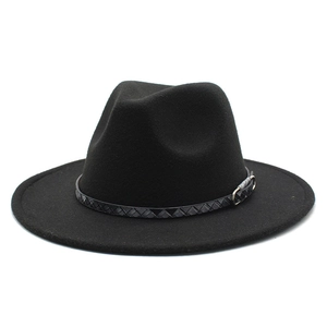 Close-up of black fedora wool hat featuring a woven band with silver metal buckle detail