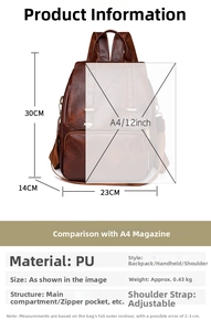 Brauner Vintage-Kunstlederrucksack Maße 30x23x14cm mit A4-Papier Größenvergleich