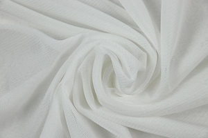 Macro shot of white breathable mesh knit fabric texture with soft woven fiber details