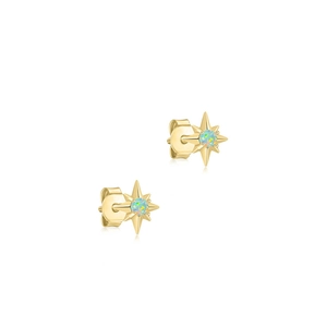 Detail of octagonal star stud earrings in gold with iridescent opal stone inlay