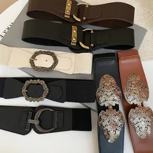 Ceintures élastiques vintage avec boucles en métal antique en noir, marron et ivoire