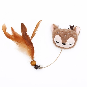 Cartoon plush deer cat toy with brown feathers wood beads and bell on white background