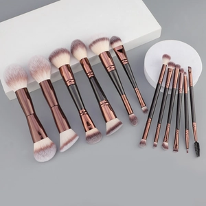 12-piece dual-ended makeup brush set with rose gold ferrules and synthetic gradient bristles