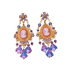 Baroque style gold tassel earrings with pink cameo relief and purple crystal flowers