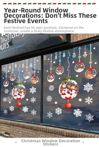 Festive Christmas window decals featuring snowmen and snowflakes on glass shopfront