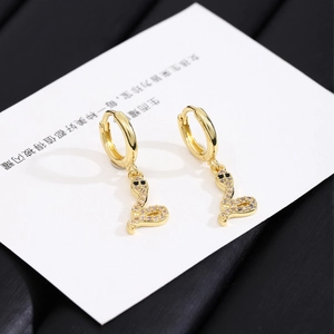 Sparkling gold-plated snake drop earrings with pave zircons and black gemstone eyes