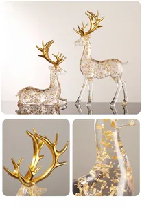 Macro detail of transparent resin elk statue with embedded gold foil and metallic antlers