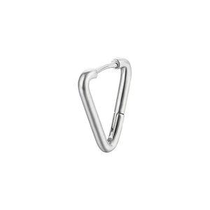 Detailed close-up of silver triangle earrings with a modern minimalist snap closure