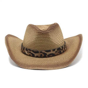 Classic straw cowboy hat with leopard print band and curved brim for outdoor style