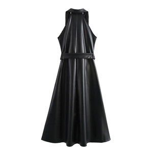 Chic black leather halter maxi dress featuring waist belt and A-line silhouette back view