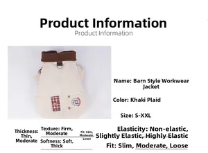 Size chart and fabric specs for dog khaki barn jacket with corduroy collar detail