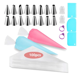 Detailed set of 16 stainless steel piping tips with silicone bags and 100 disposable bags