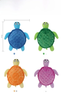 Macro shot showing four colorful plush turtle dog toys in blue green orange and purple