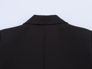 Detail of black double-breasted blazer showing the back neckline and sharp shoulder seams