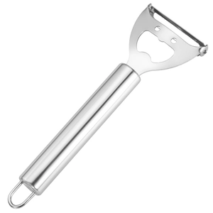 Versatile stainless steel fruit peeler and bottle opener with a sleek smiley face design