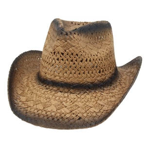 Handcrafted woven straw cowboy hat with vintage distressed edges for sun protection