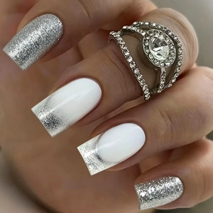 Silver Glitter Press On Nails White French Style Square Detachable Artificial Nails DIY Manicure For Women Elegant