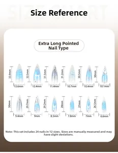 Guide des tailles présentant 12 dimensions pour faux ongles Y2K punk pointus