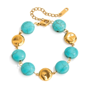 Elegant gold-plated stainless steel bracelet with blue turquoise beads and textured discs