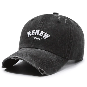 Vintage washed charcoal cotton baseball cap with RENEW idea embroidery and distressed details