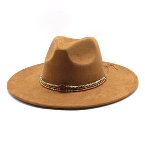 Women Wide Brim Fedora Hat Faux Suede Retro Bohemian Beaded Band Western Jazz Felt Style Accessories