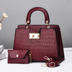 Retro burgundy faux crocodile leather handbag set with gold hardware and shoulder strap