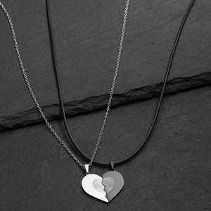 Polished stainless steel heart pendant necklace set with fingerprint engraving for couples