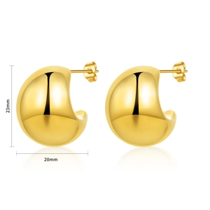 Detail view of gold-tone moon-shaped earrings showing dimensions 23mm height and 20mm width